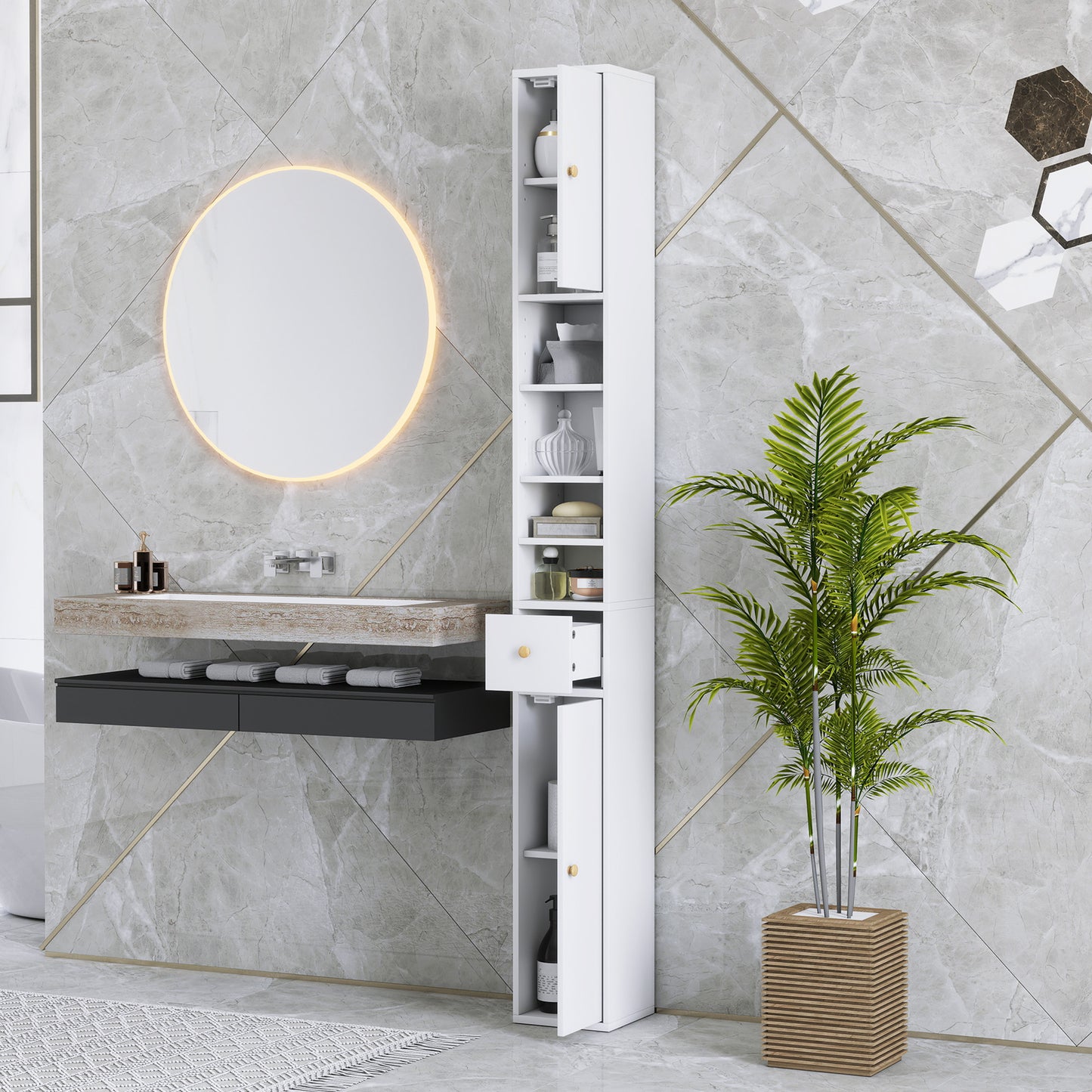 Tall Bathroom Cabinet with Drawer and Adjustable Shelves, White