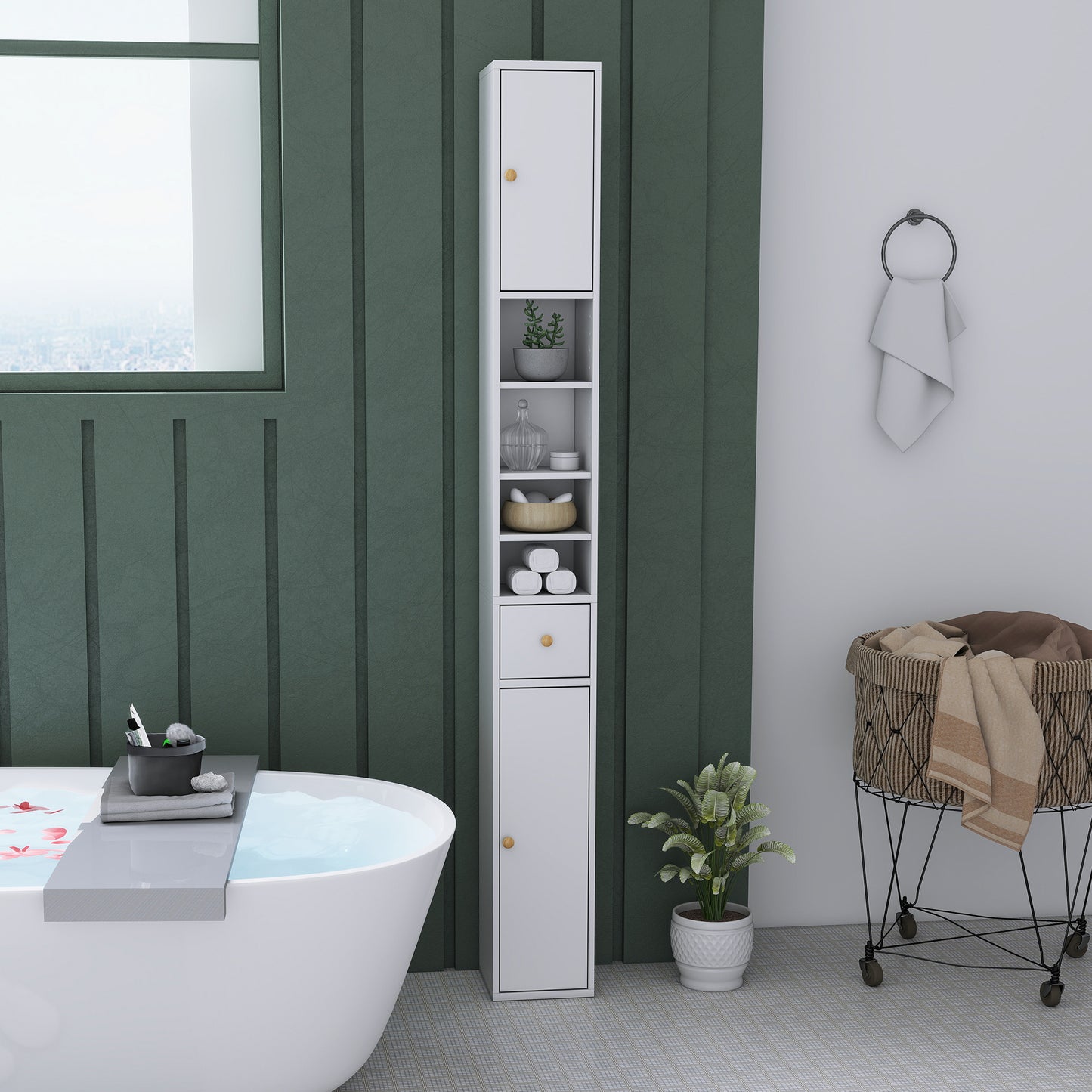 Tall Bathroom Cabinet with Drawer and Adjustable Shelves, White