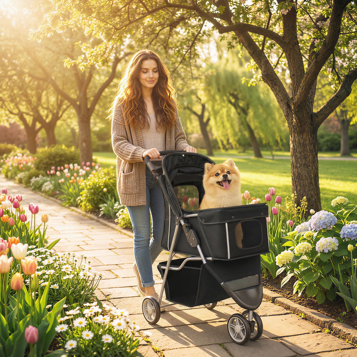 Pet Stroller Pushchair Carrier for Cat Puppy with 3 Wheels Black