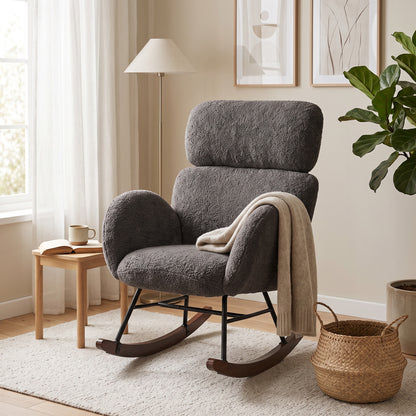 Rocking Chair with Adjustable Headrest Velvet Upholstery Dark Grey