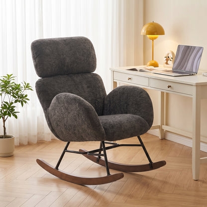 Rocking Chair with Adjustable Headrest Velvet Upholstery Dark Grey