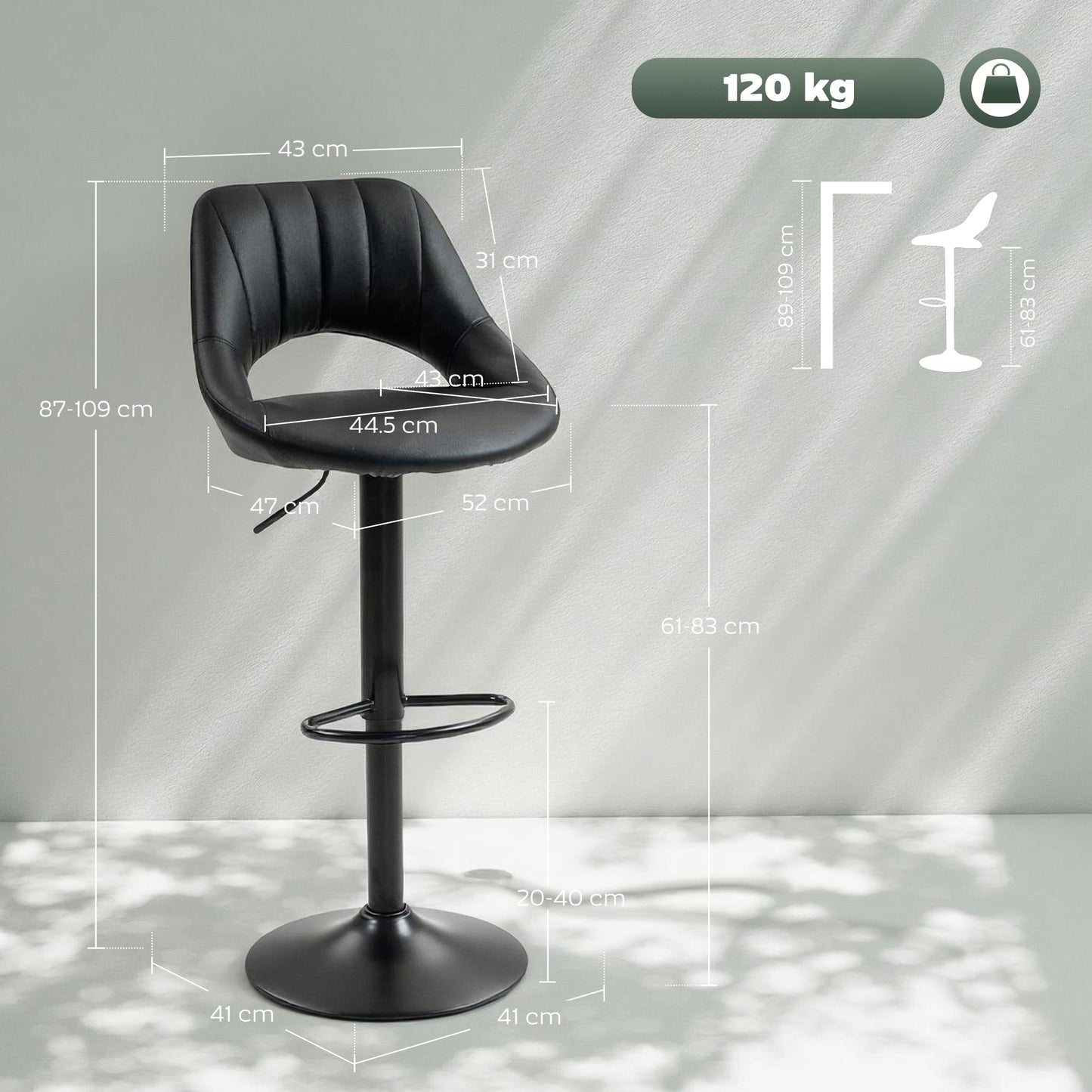 Barstools Set of 2, Dining Stools with Backrest and Footrest, Black