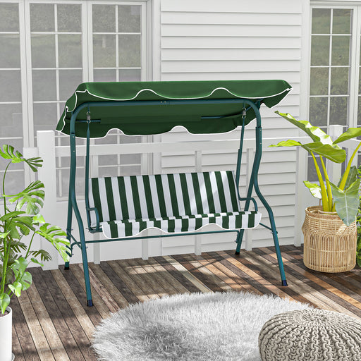 3 Seater Garden Swing Seat Chair Outdoor Bench with Adjustable Canopy and Metal Frame, Green Stripes