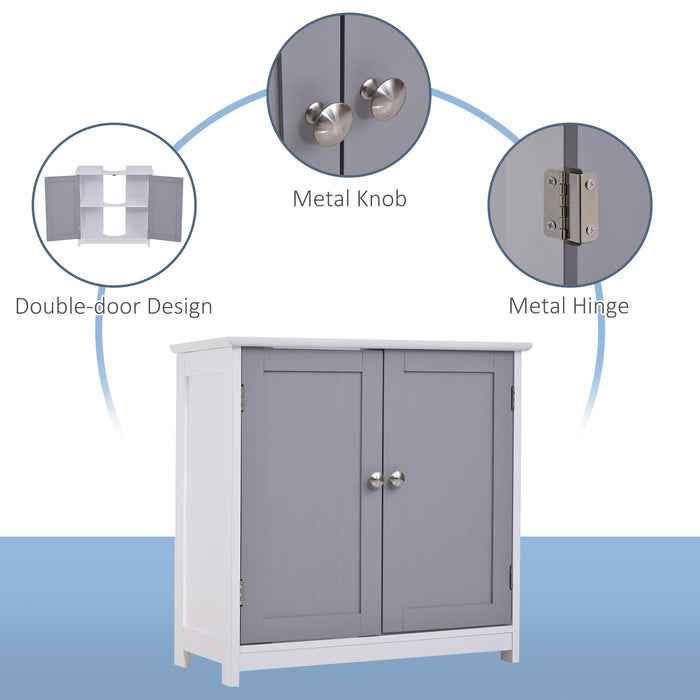 kleankin Vanity Unit Under Sink Bathroom Storage Cabinet w/ Adjustable Shelf Handles Drain Hole Cabinet Space Saver Organizer 60x60cm - White & Grey