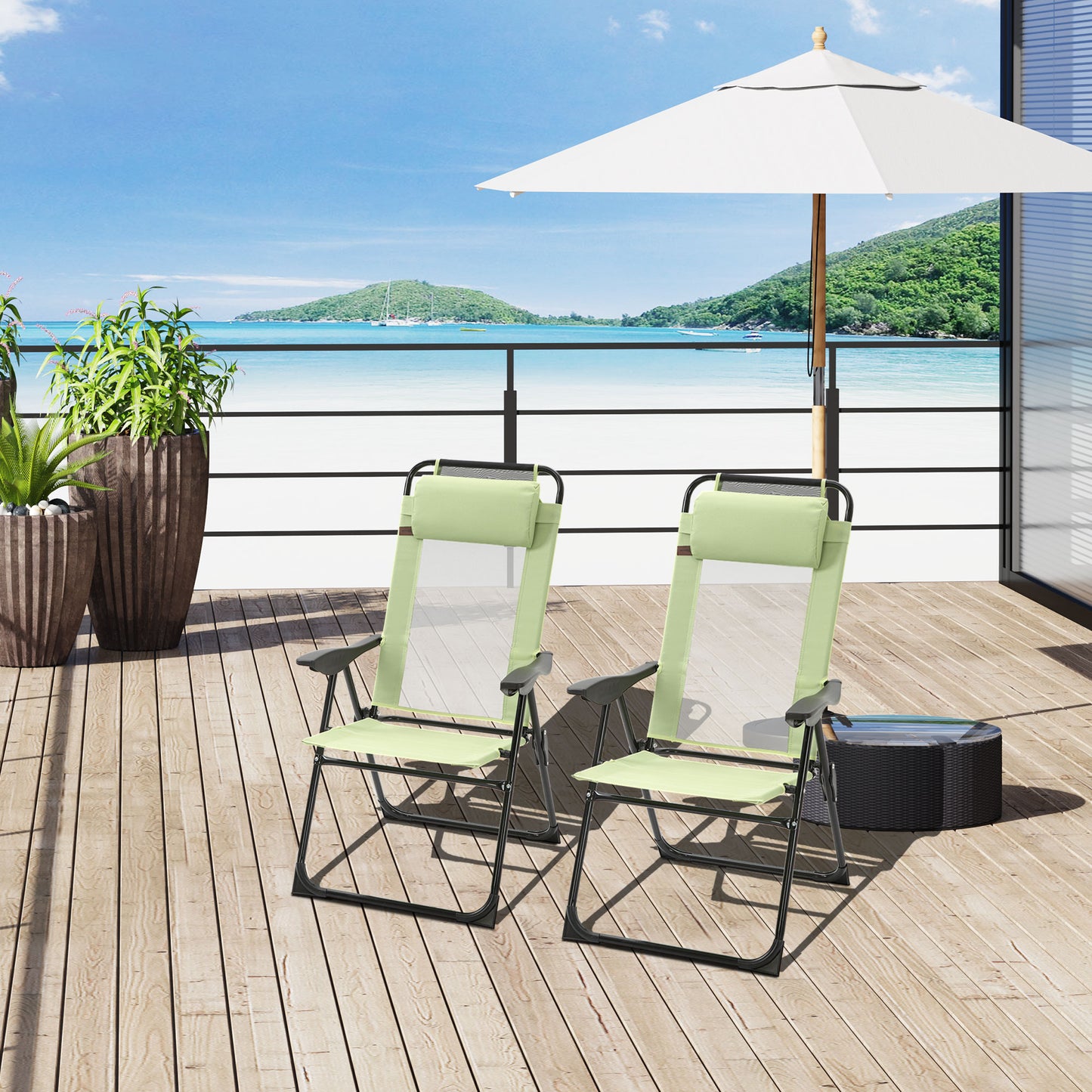 Garden Chairs Set of 2 Folding Camping Chair Recliners, Green