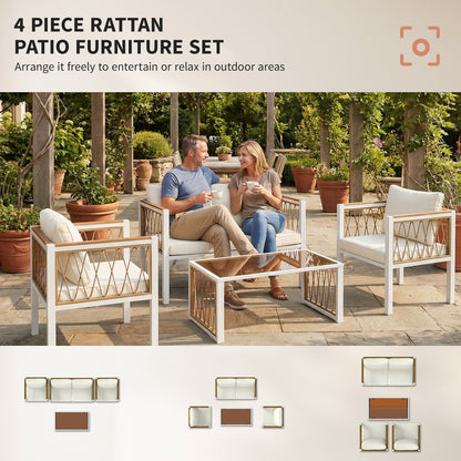 4 Seater Rattan Garden Furniture Set with Metal Frame, Cream White
