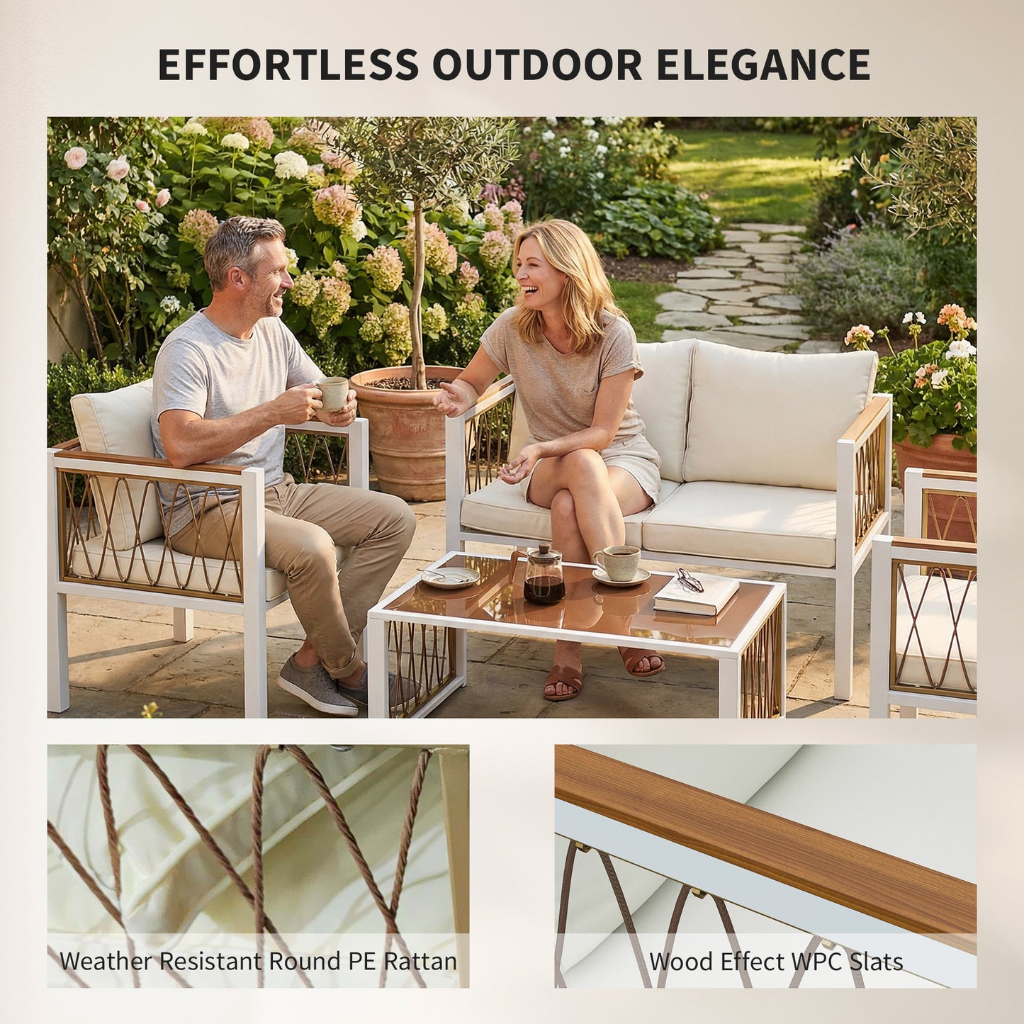 4 Seater Rattan Garden Furniture Set with Metal Frame, Cream White