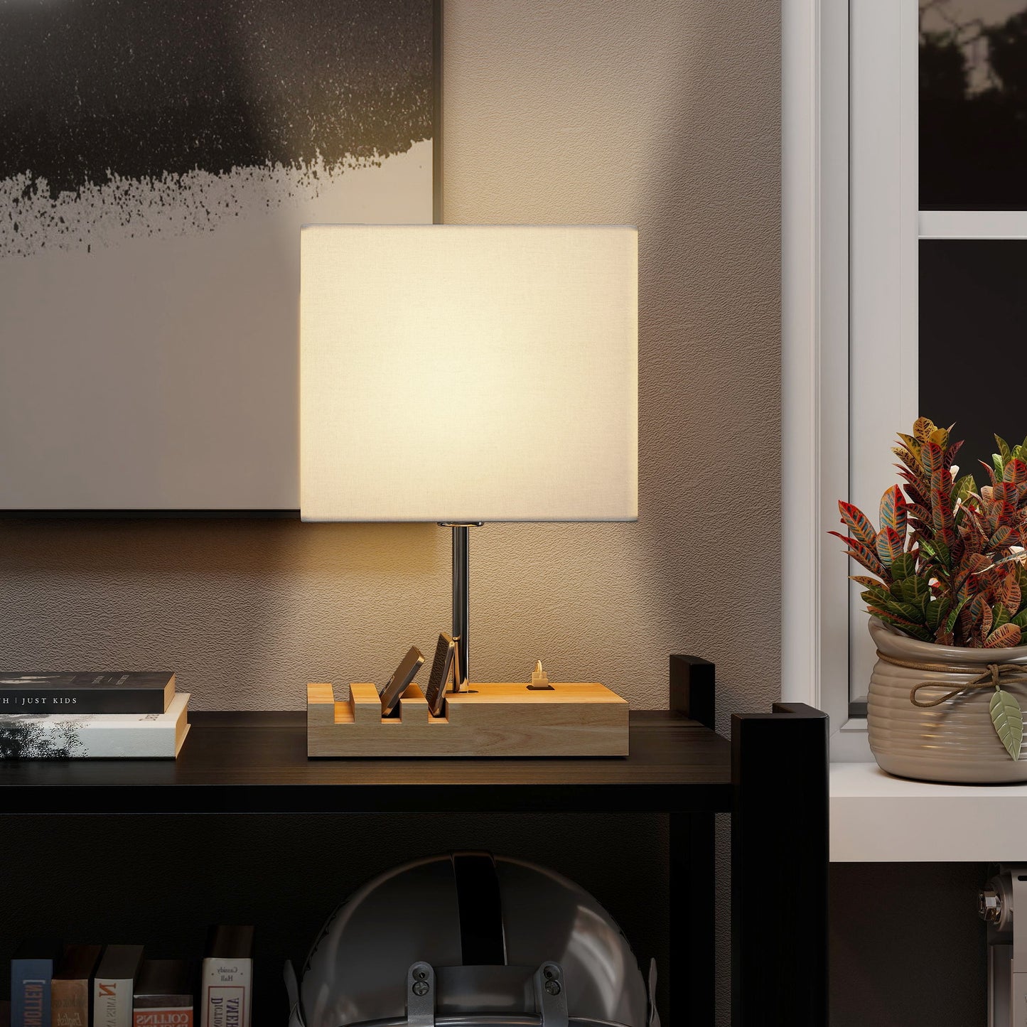 Table Lamp with 3 Slots, Bedside Lamp with Solid Wood Base, White