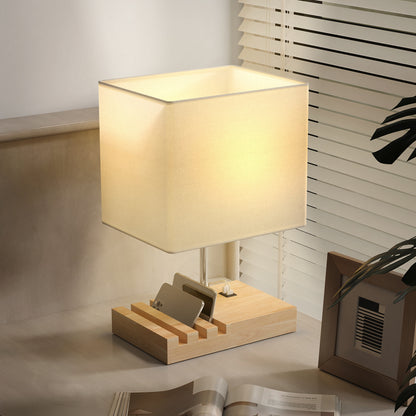 Table Lamp with 3 Slots, Bedside Lamp with Solid Wood Base, White