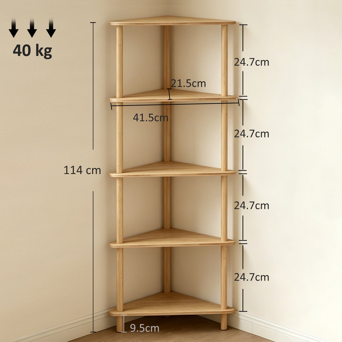 5-Tier Corner Storage Shelf for Living Room, Natural Wood Finish