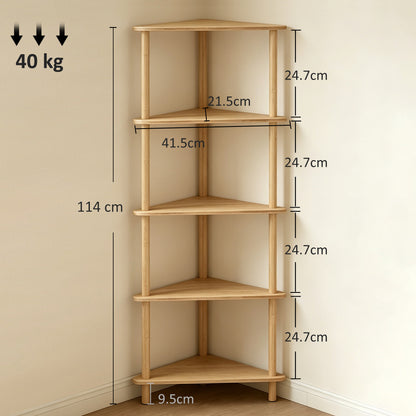 5-Tier Corner Storage Shelf for Living Room, Natural Wood Finish