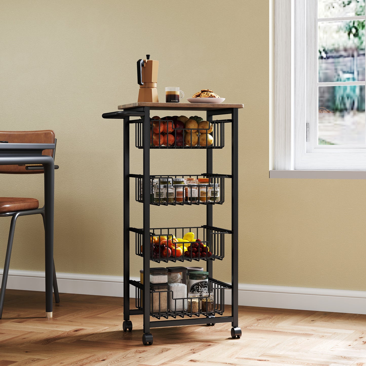 4-Tier Kitchen Island on Wheels with 4 Pull-Out Baskets, Oak