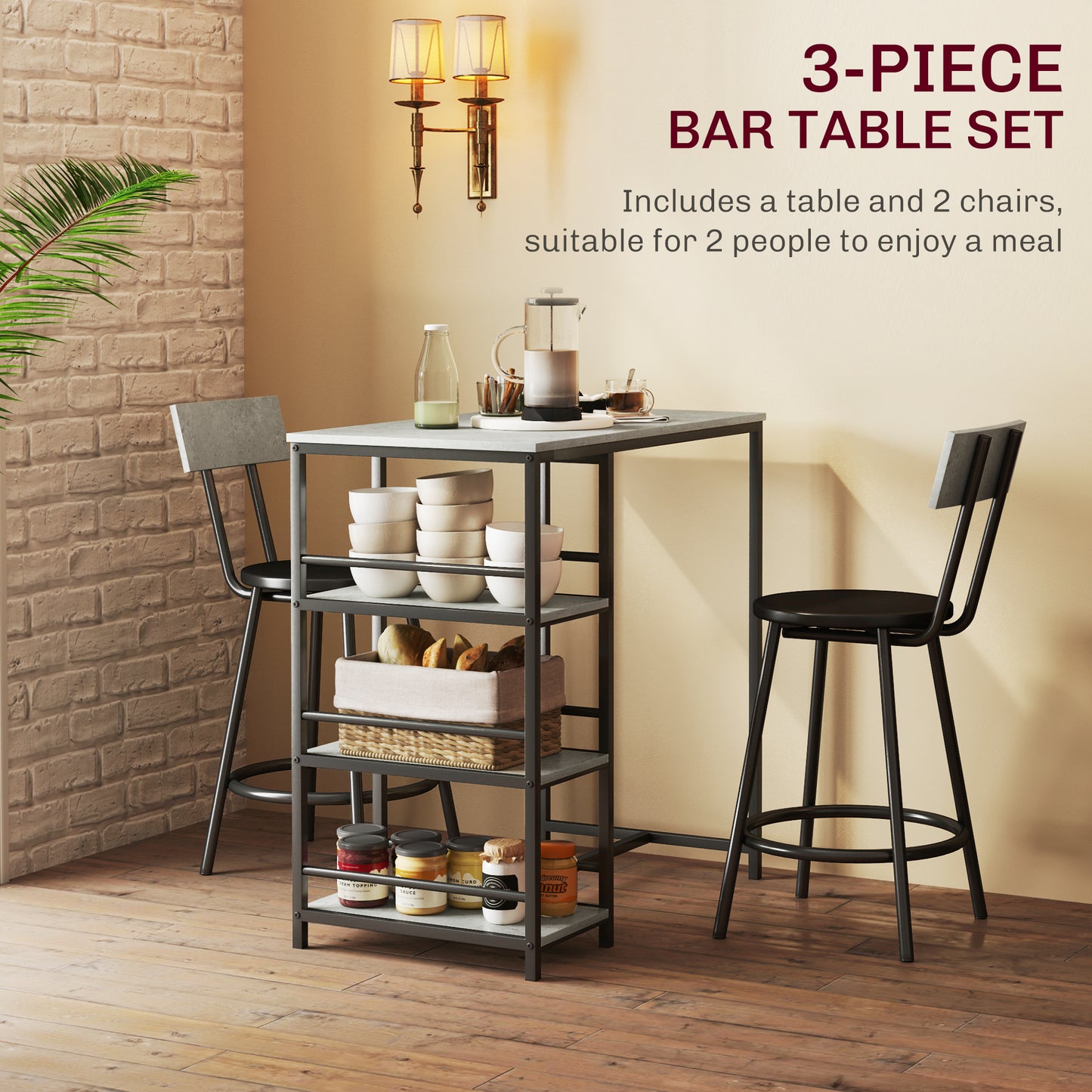 3 Piece Breakfast Bar Table Set with Storage Shelves, Light Grey