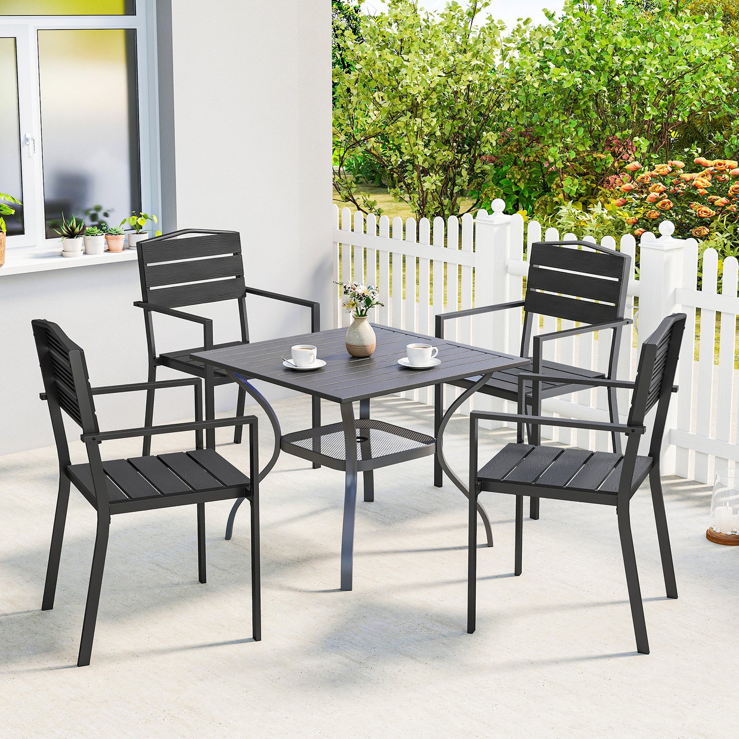 Garden Chairs Set of 4, Garden Dining Chairs, HDPE Seat, Black