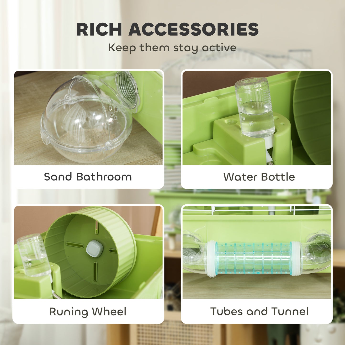 3-Tier Hamster Cage, Hamster Habitat with Accessories, Green