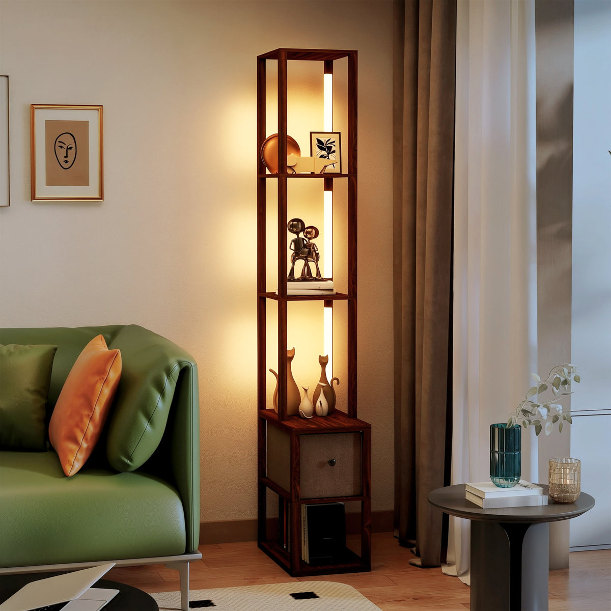 Floor Lamp with Shelves, LED Standing Lamp with Fabric Drawer, Brown
