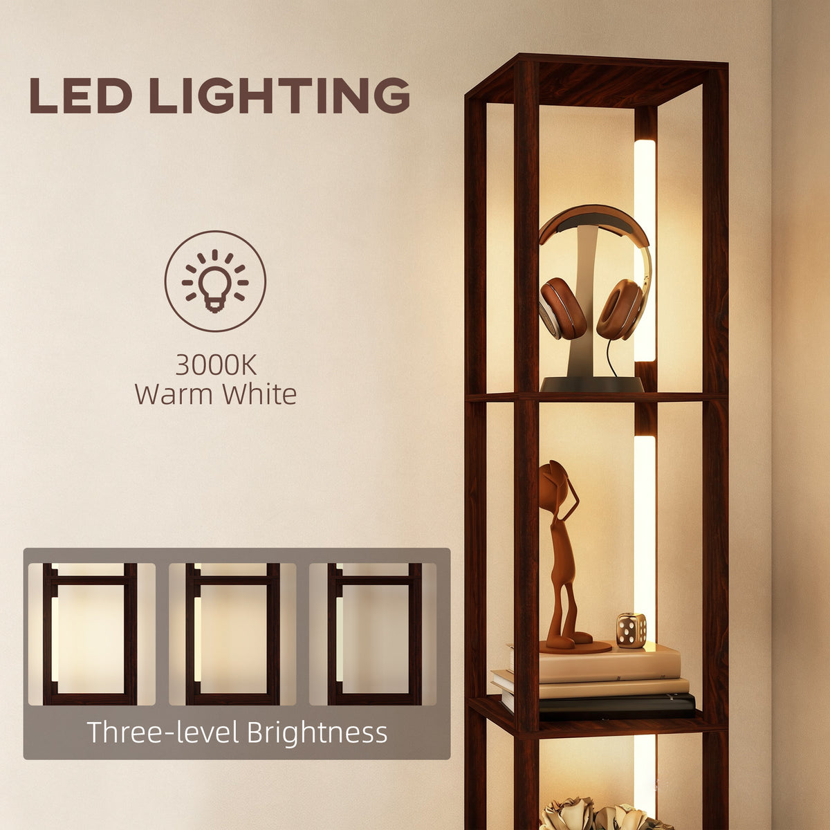 Floor Lamp with Shelves, LED Standing Lamp with Fabric Drawer, Brown