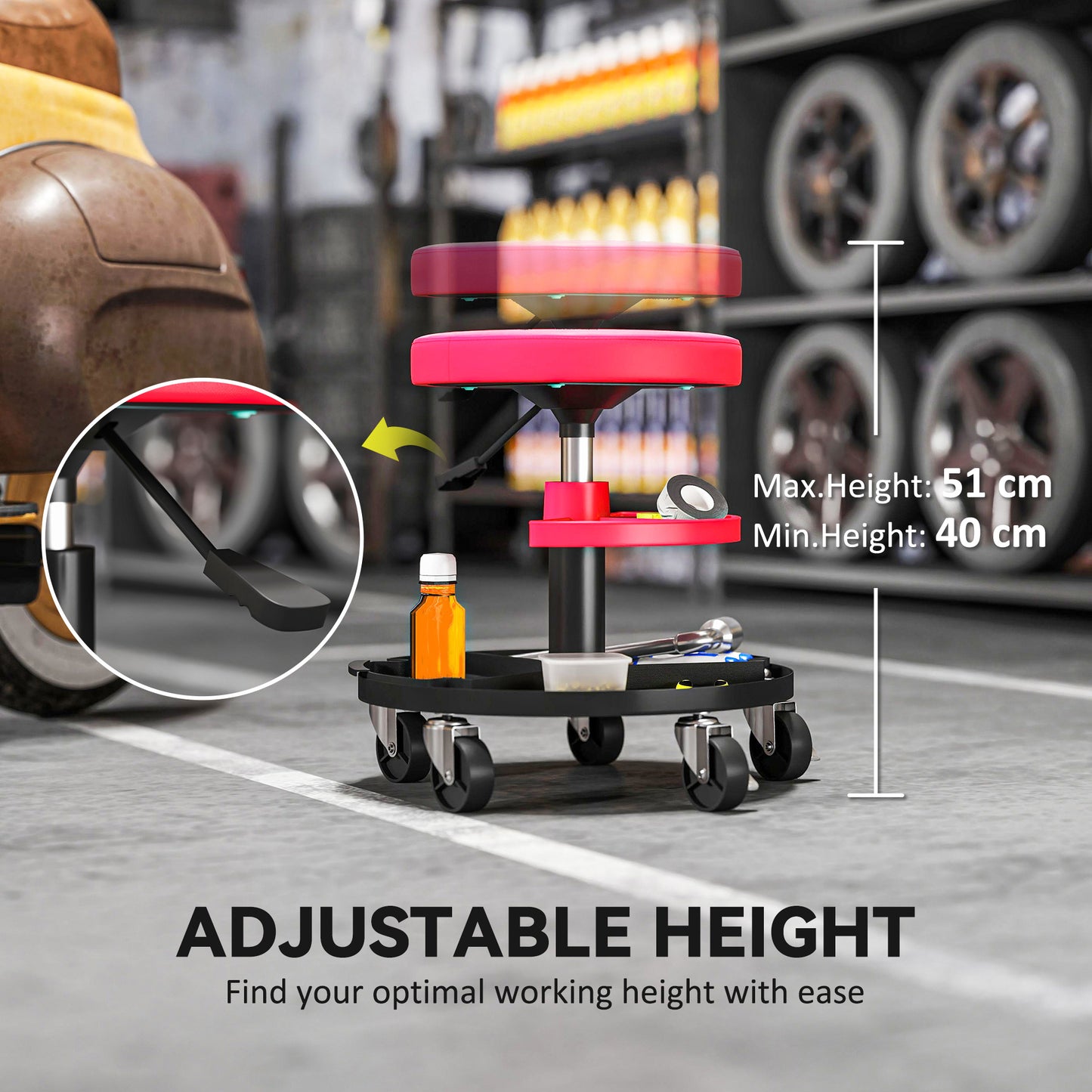 Rolling Mechanic Stool, 135kg Capacity Workshop Stool, 360° Swivel Roller Padded Creeper Seat with Wheels, Tool Trays Storage for Garage, Shop, Auto Repair, Red