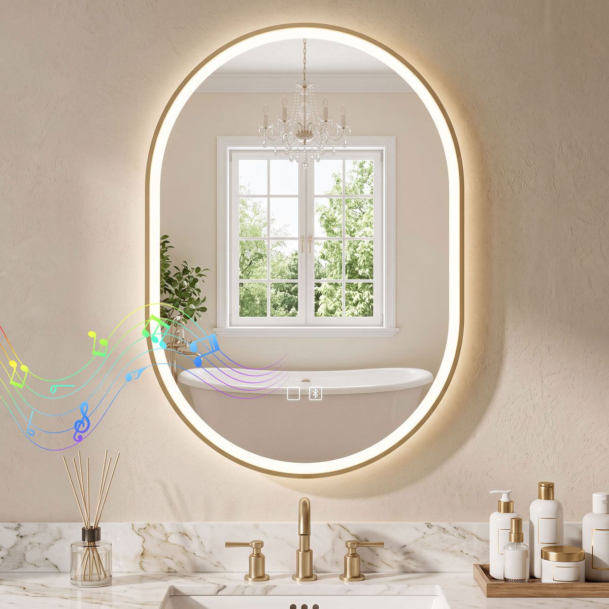 100 x 70cm Oval LED Bathroom Mirror with Bluetooth Speaker and Demister - Gold Tone