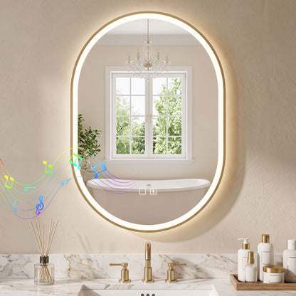 100 x 70cm Oval LED Bathroom Mirror with Bluetooth Speaker and Demister - Gold Tone