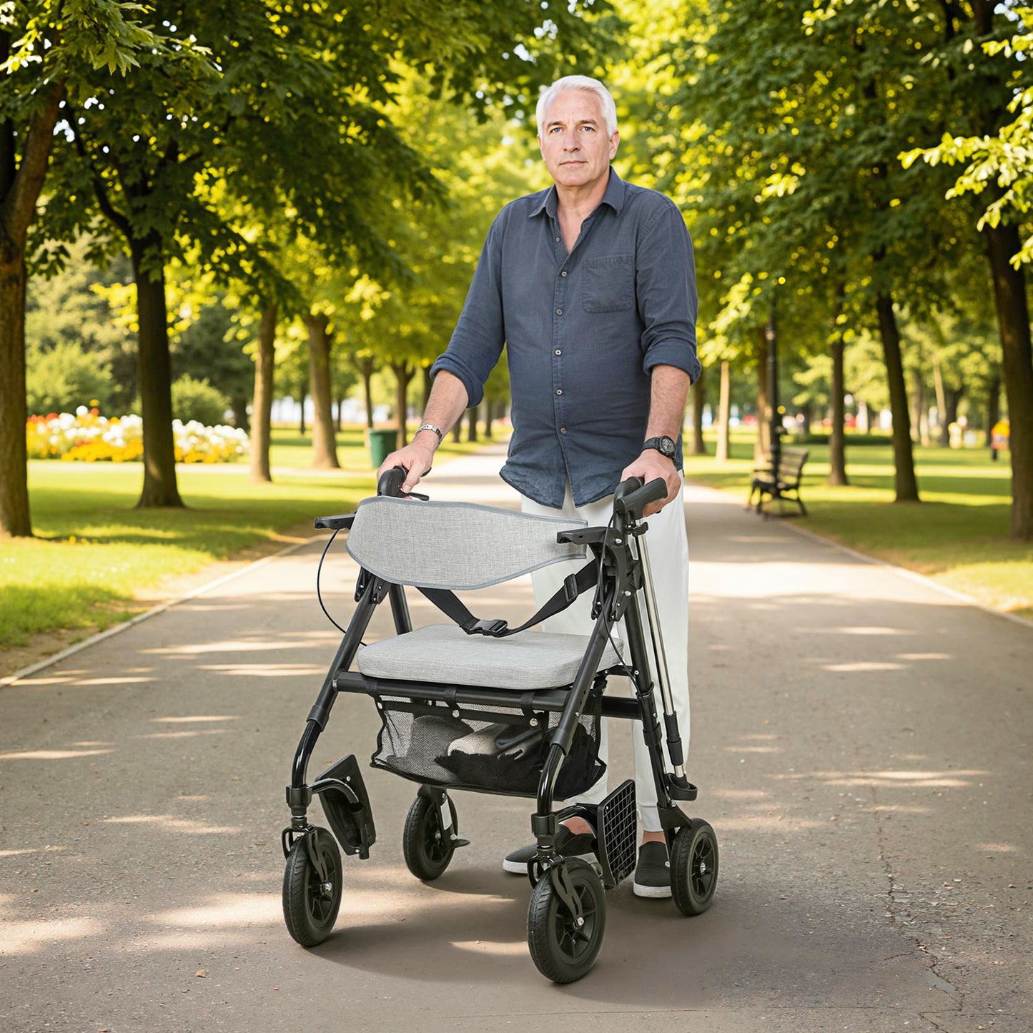 2-in-1 Mobility Walker with Seat, Foldable Rollator with Footrests
