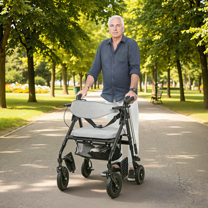 2-in-1 Mobility Walker with Seat, Foldable Rollator with Footrests