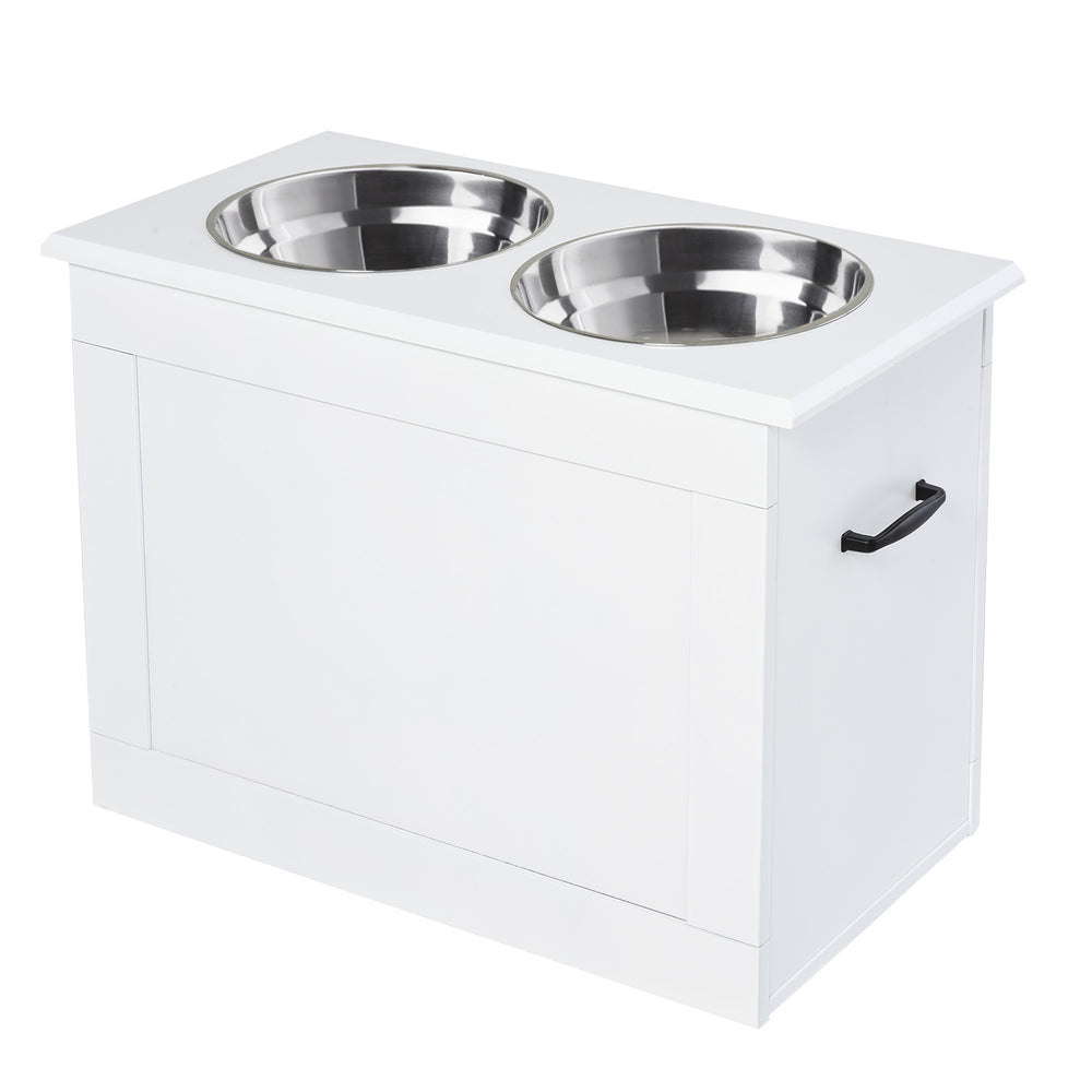 Raised Pet Feeding Storage Station with 2 Stainless Steel Bowls Base for Large Dogs and Other Large Pets, White