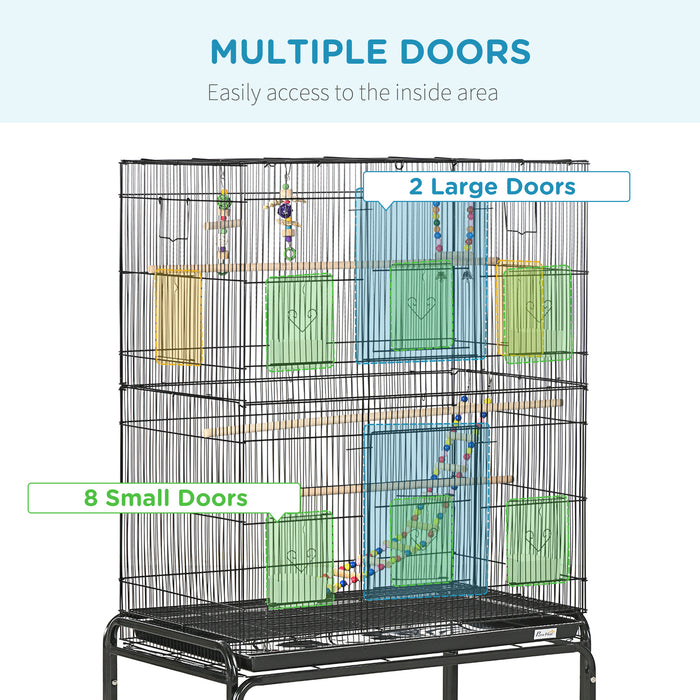 Bird Cage with Stand, Toys, Wheels, for Canaries, Finches, Lovebirds, Parakeets, Budgie Cage with Accessories, Storage Shelf, Black