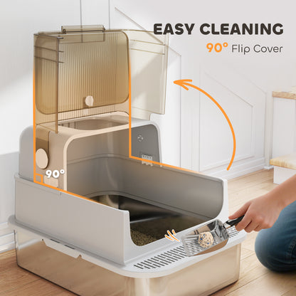 XXL Stainless Steel Litter Tray, Enclosed Cat Litter Box w/ Cover