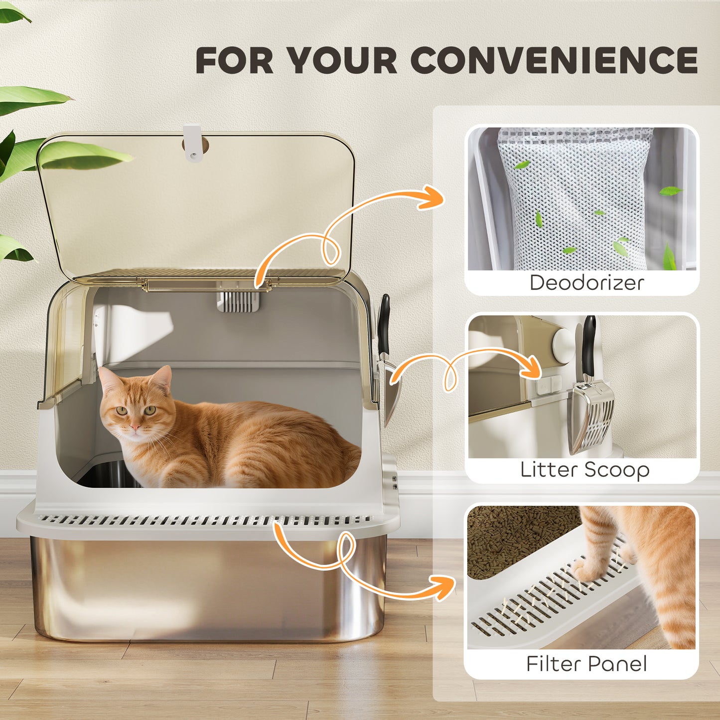 XXL Stainless Steel Litter Tray, Enclosed Cat Litter Box w/ Cover