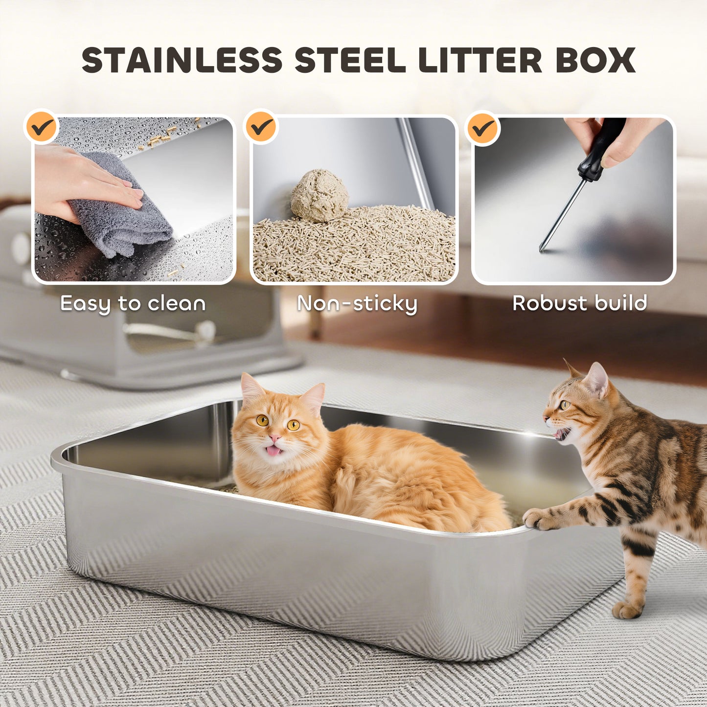 XXL Stainless Steel Litter Tray, Enclosed Cat Litter Box w/ Cover