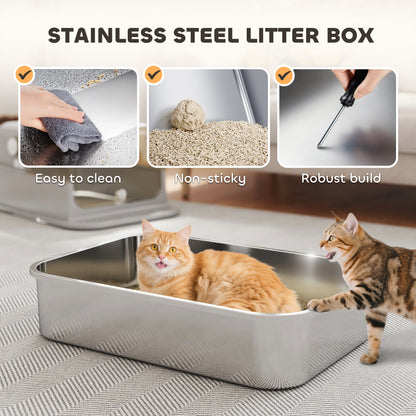 XXL Stainless Steel Litter Tray, Enclosed Cat Litter Box w/ Cover