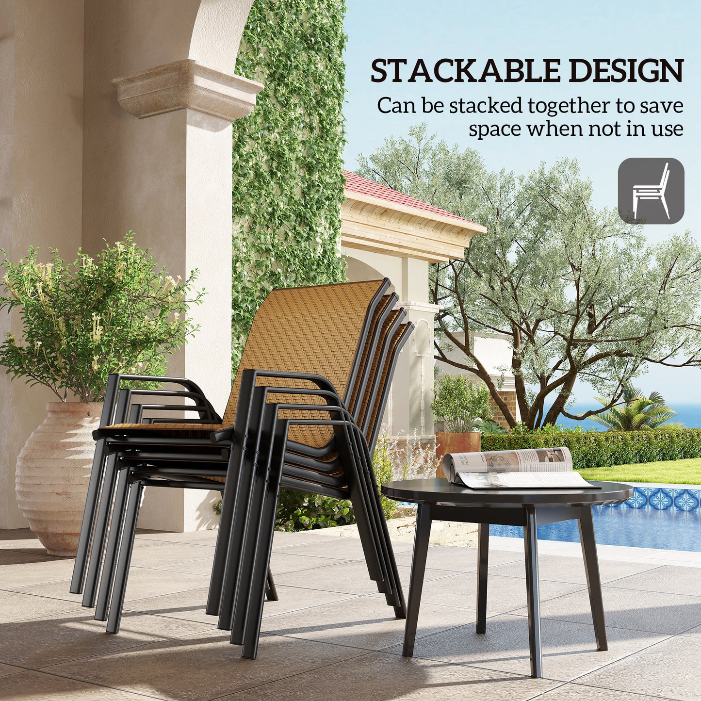 Wicker Dining Chairs Set of 4, Stackable Outdoor Chairs, Khaki