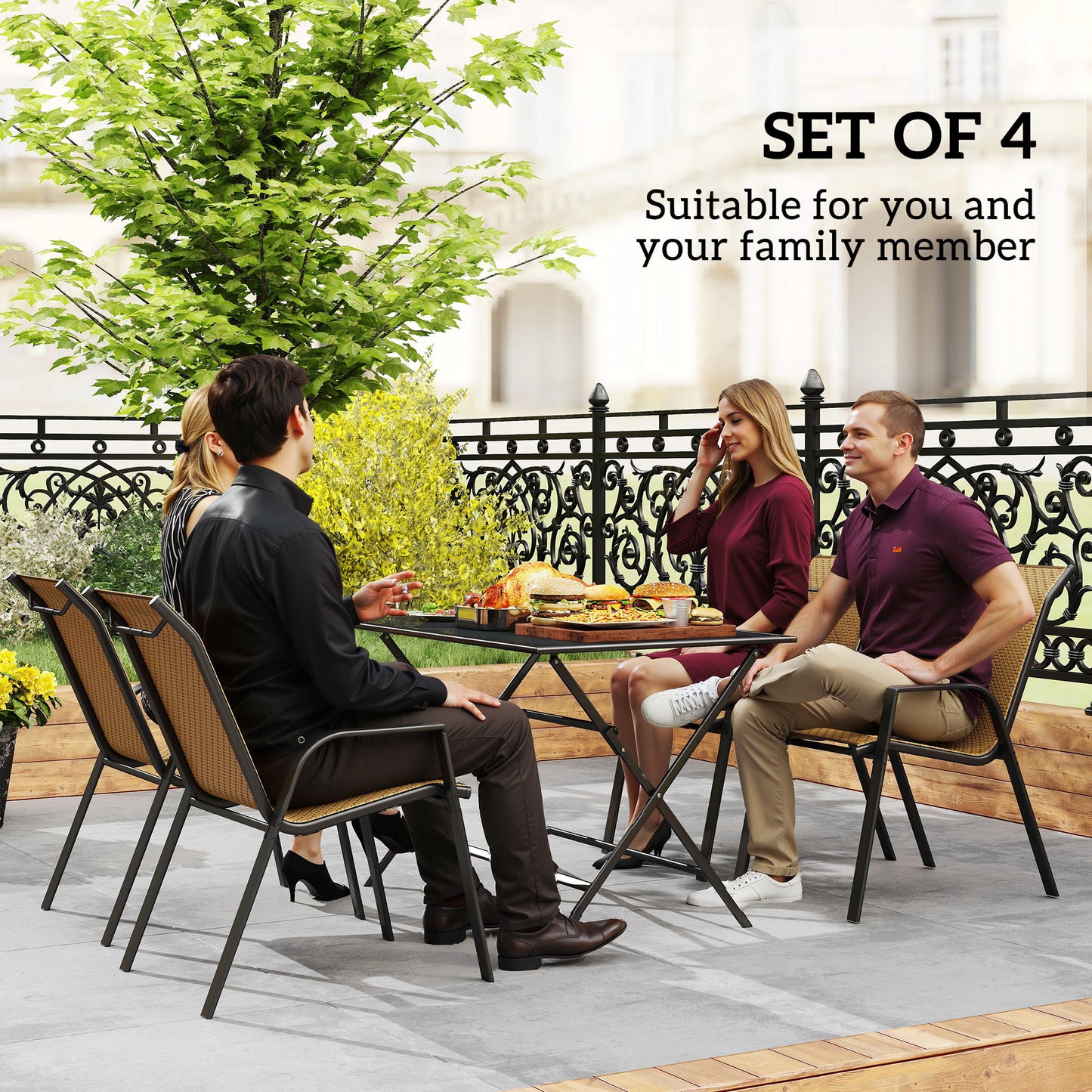 Wicker Dining Chairs Set of 4, Stackable Outdoor Chairs, Khaki
