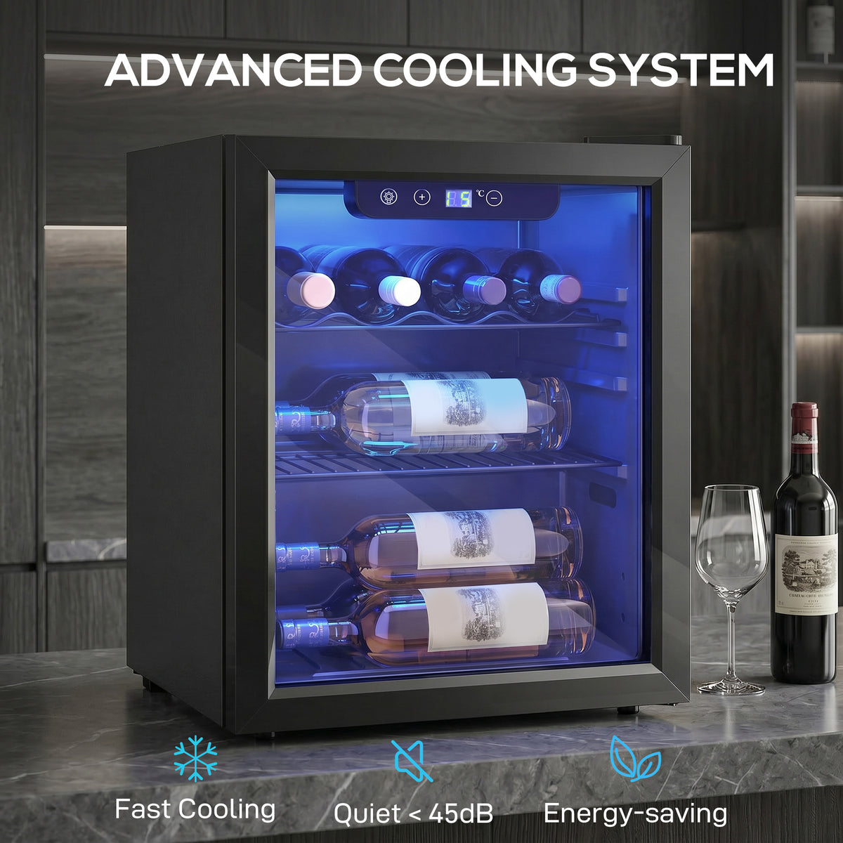 48L Tabletop Wine Cooler for 16 Bottles with Reversible Door - Black