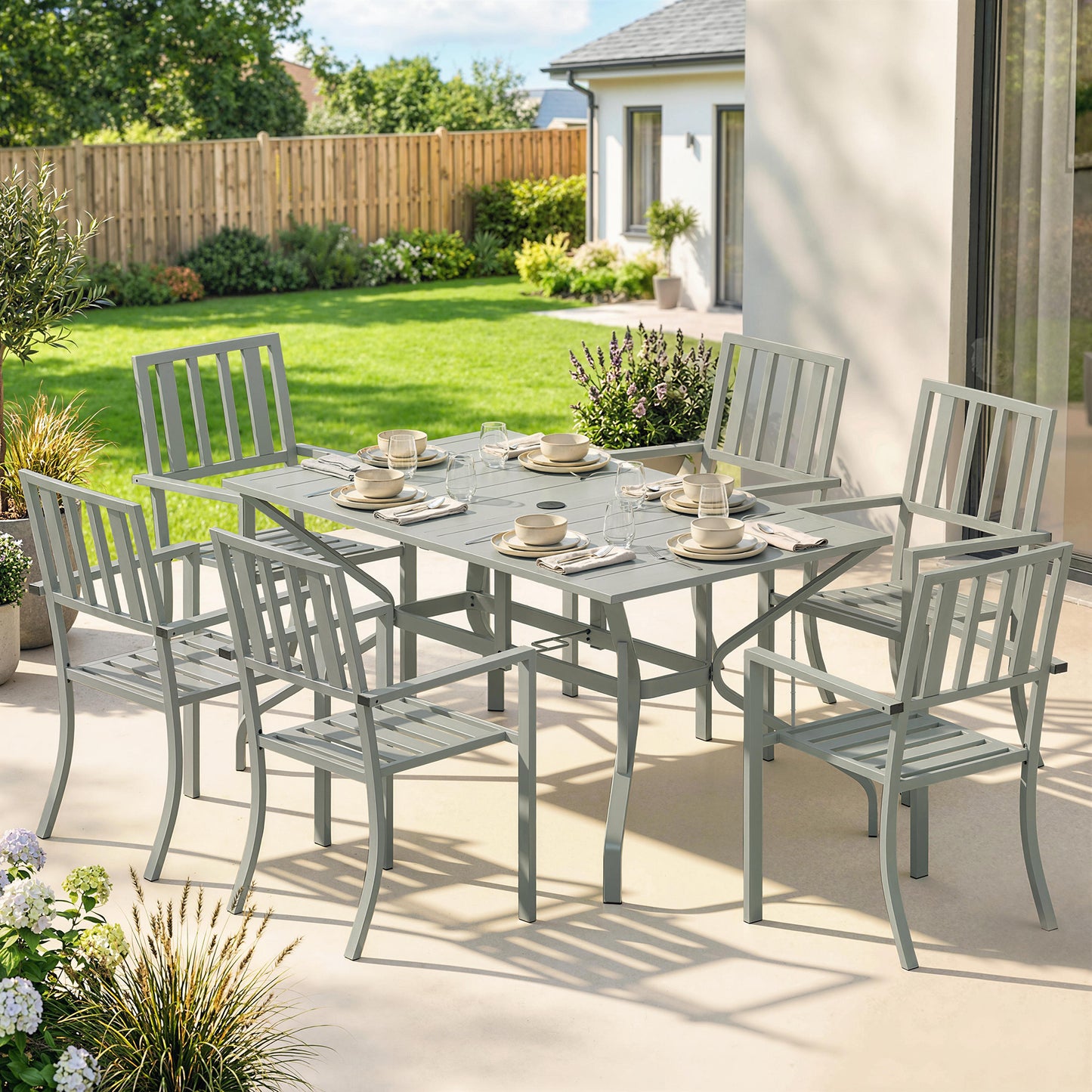 7 Pieces Patio Dining Set with Umbrella Hole for Garden, Light Grey