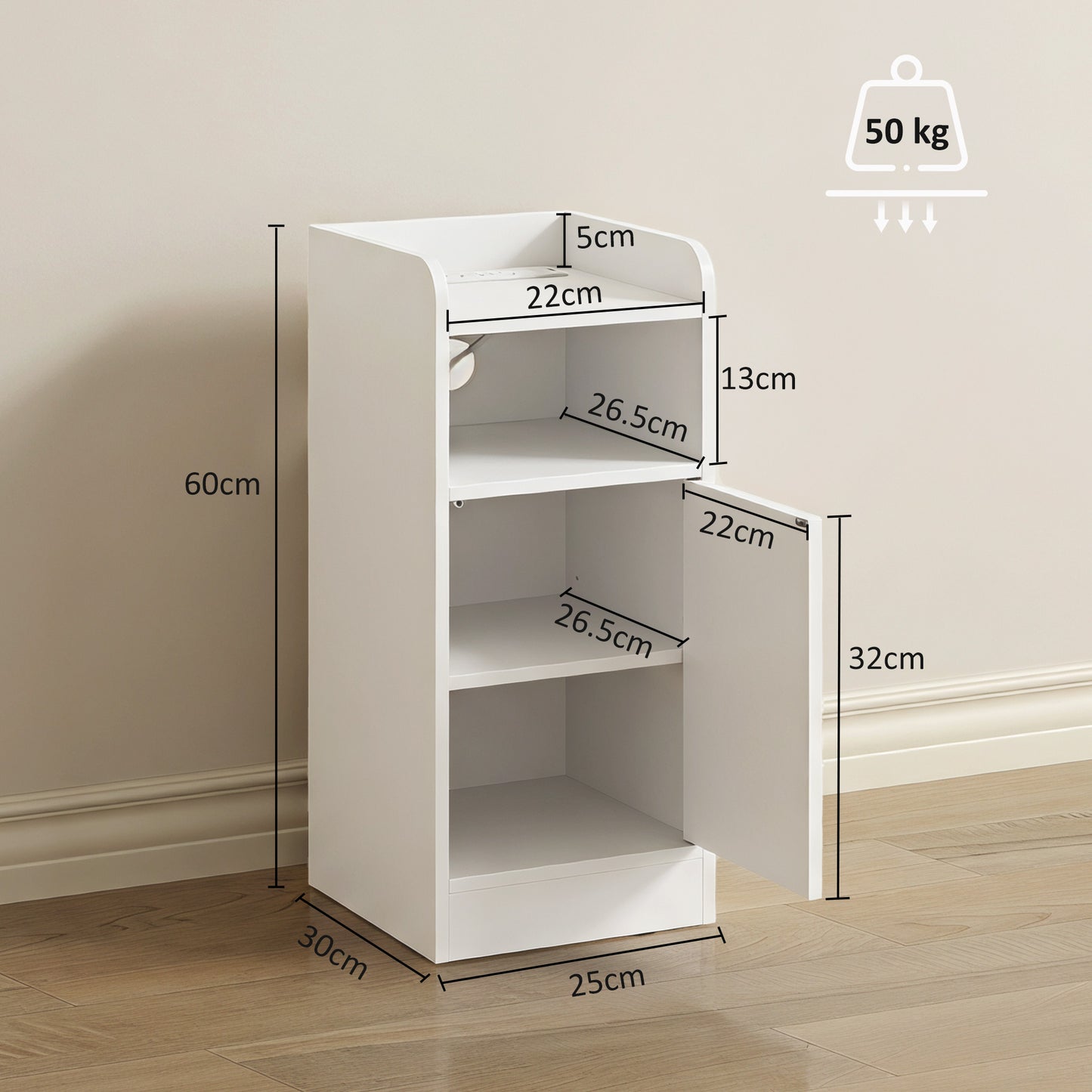 Slim Bedside Table Set of 2 with Charging Station, White