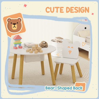 3 Pieces Toddler Table and Chair Set with Centre Mesh Bag, Kids Activity Table Set with Bear-Shaped Backrest, for Arts and Crafts, Reading, Dining, Ages 3-6 Years, White