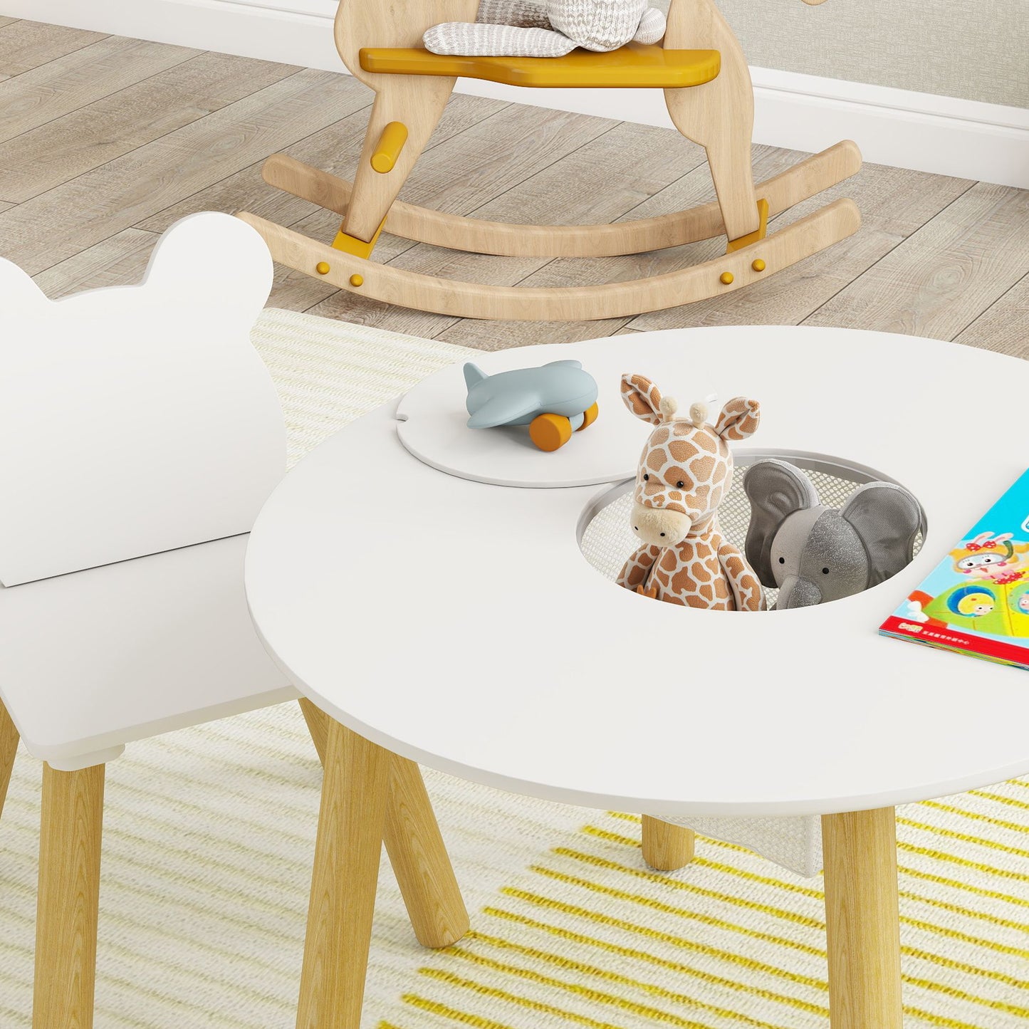 3 Pieces Toddler Table and Chair Set with Centre Mesh Bag, Kids Activity Table Set with Bear-Shaped Backrest, for Arts and Crafts, Reading, Dining, Ages 3-6 Years, White