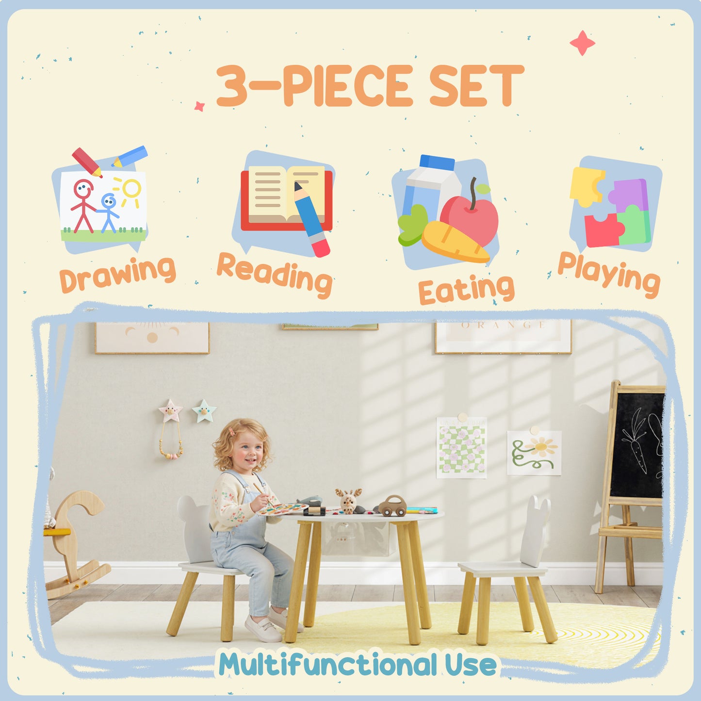 3 Pieces Toddler Table and Chair Set with Centre Mesh Bag, Kids Activity Table Set with Bear-Shaped Backrest, for Arts and Crafts, Reading, Dining, Ages 3-6 Years, White