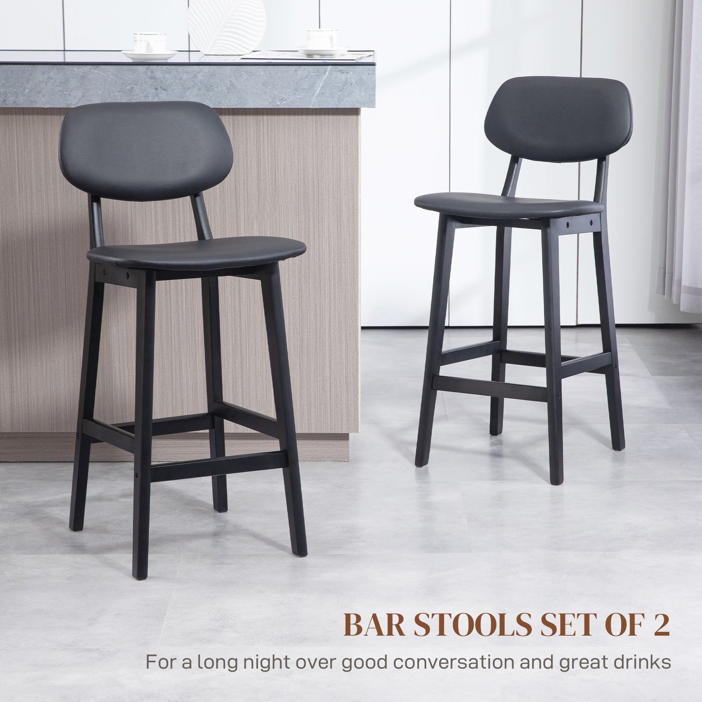 Breakfast Bar stools Set of 2 with PU Leather Cover, Wood Legs, Black