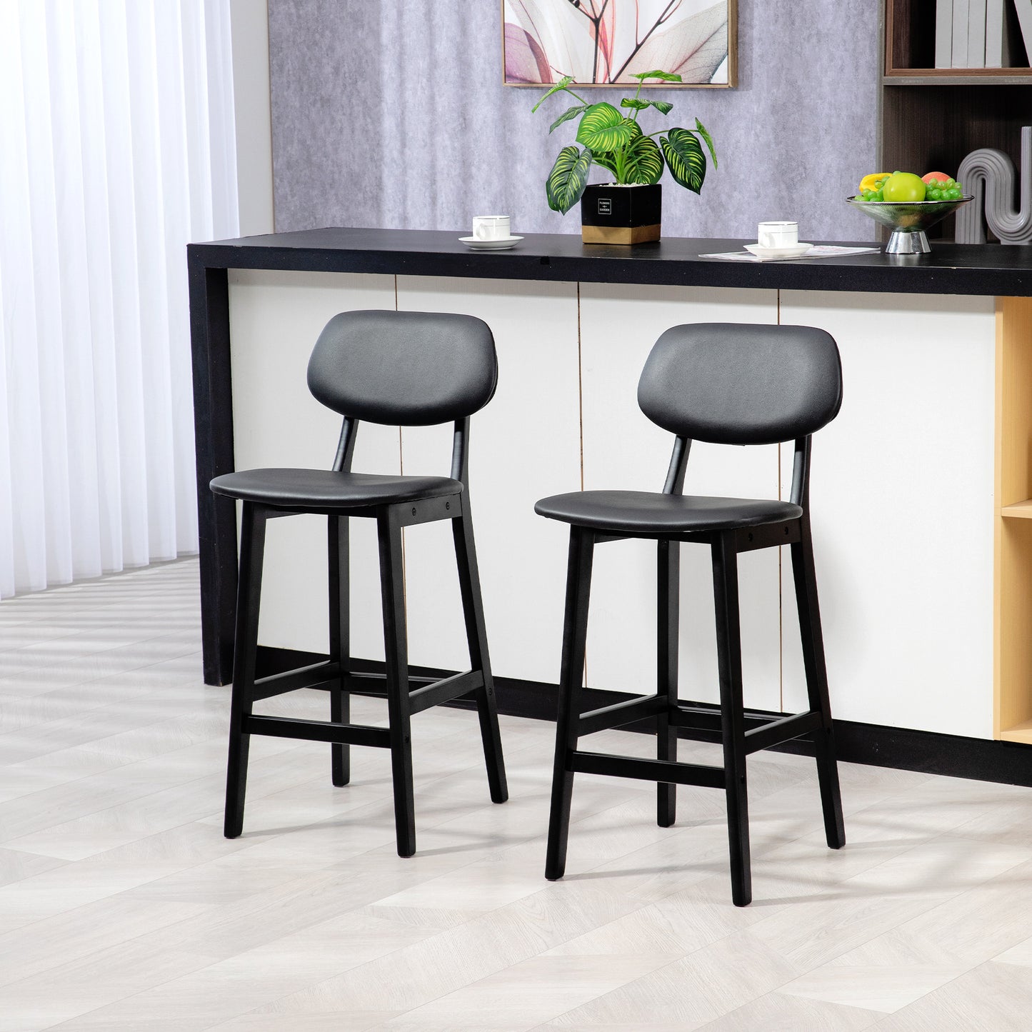 Breakfast Bar stools Set of 2 with PU Leather Cover, Wood Legs, Black
