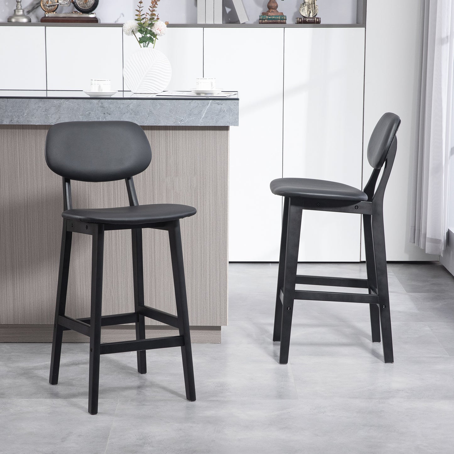 Breakfast Bar stools Set of 2 with PU Leather Cover, Wood Legs, Black