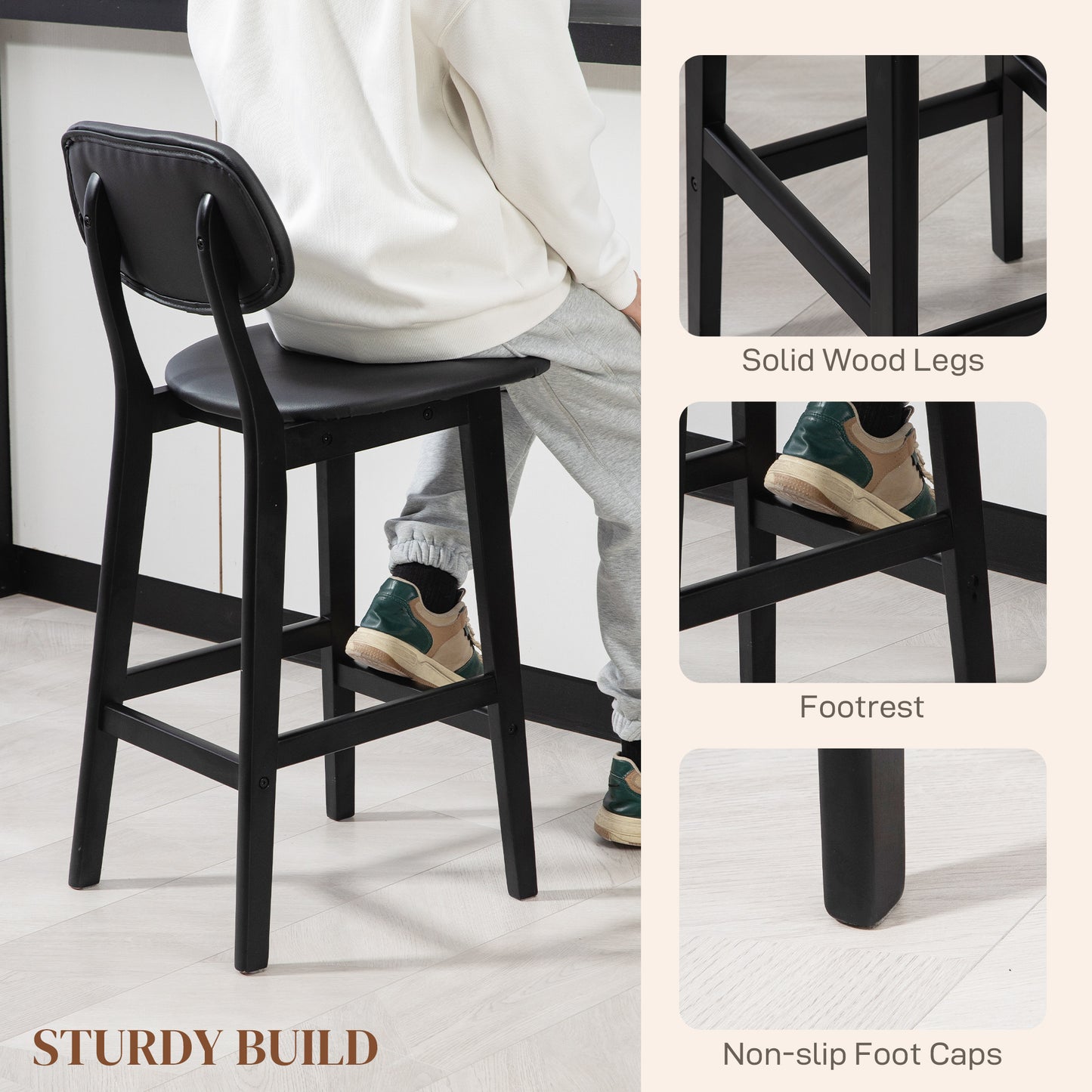Breakfast Bar stools Set of 2 with PU Leather Cover, Wood Legs, Black