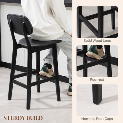 Breakfast Bar stools Set of 2 with PU Leather Cover, Wood Legs, Black