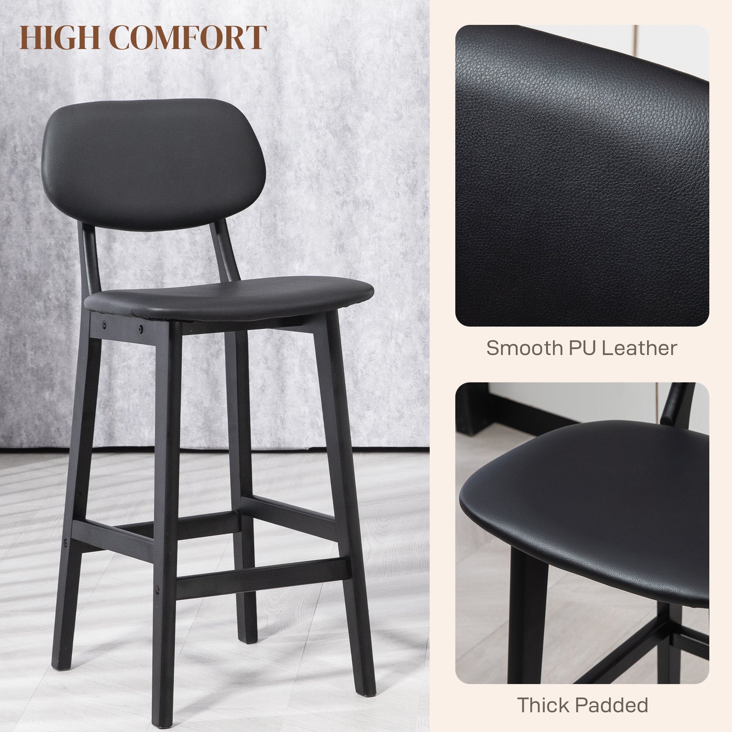 Breakfast Bar stools Set of 2 with PU Leather Cover, Wood Legs, Black