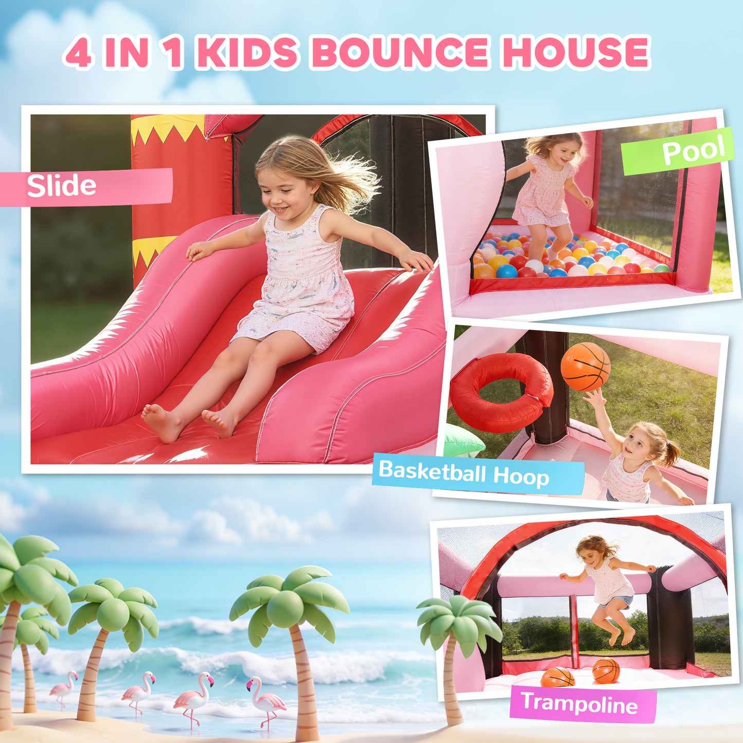Kids Inflatable Bounce House with Blower for Indoor Outdoor, Pink