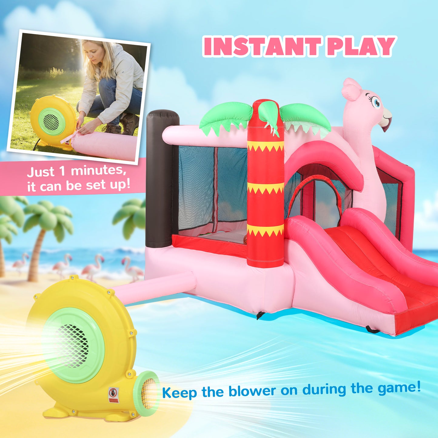 Kids Inflatable Bounce House with Blower for Indoor Outdoor, Pink