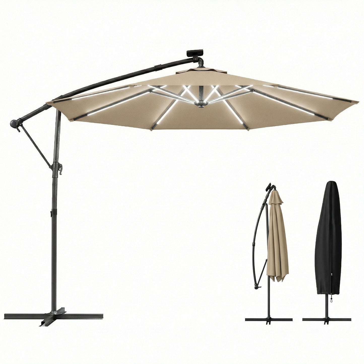 3 m Garden Cantilever Parasol with Solar Light, Rotation, Khaki