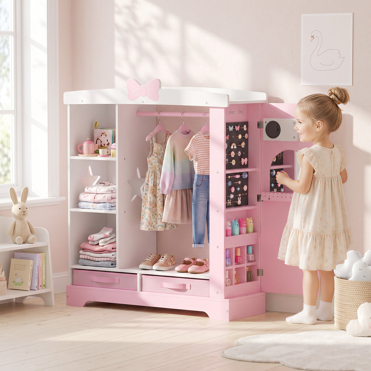 Kids Wardrobe, Children Dress Up Storage with Lighted Mirror, Pink